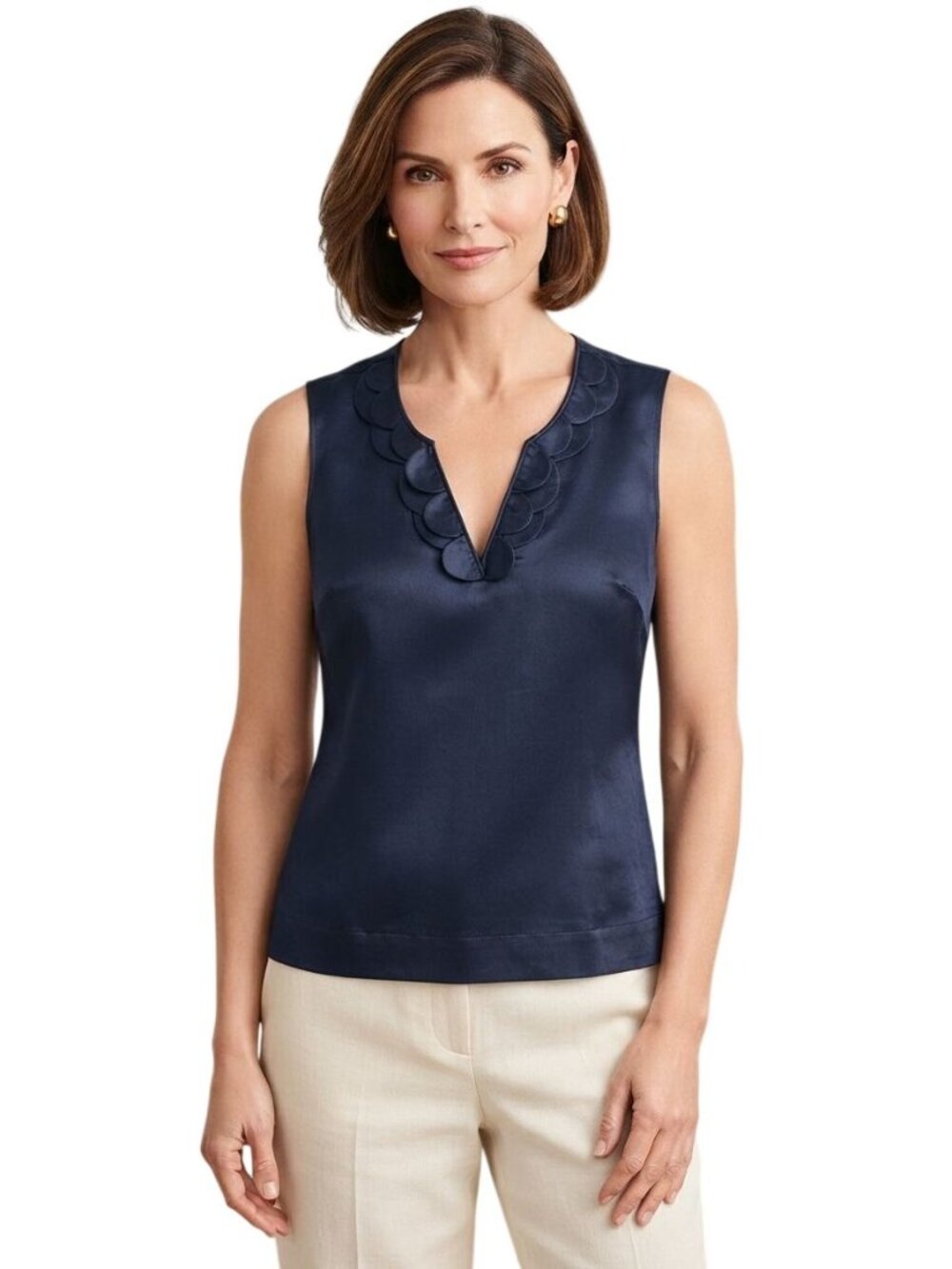 Talbots Silk Cotton Navy Ruffled V Neck Sleeveless Camisole Size 6